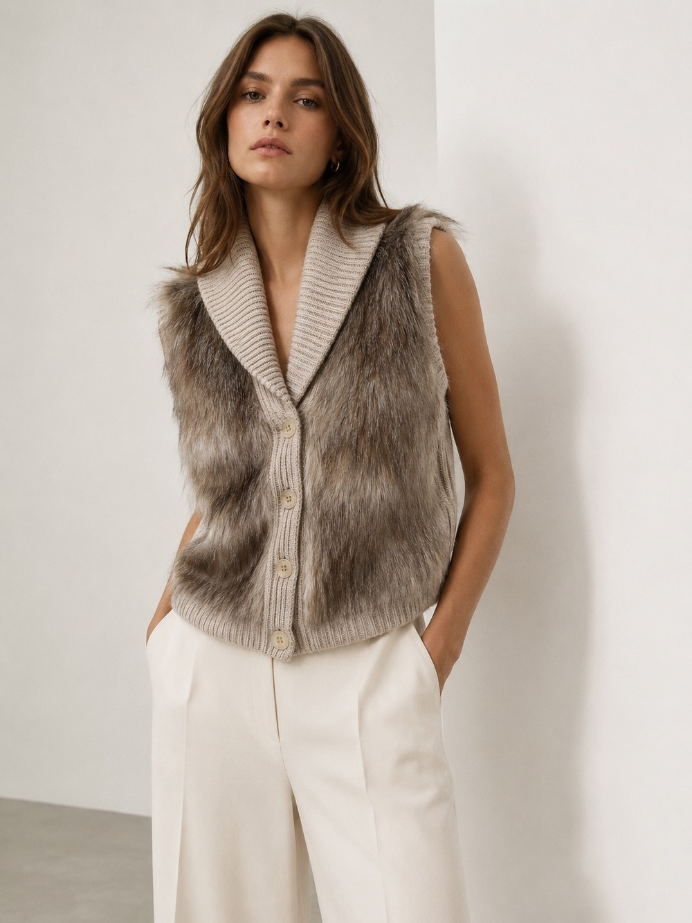 ANN TAYLOR Merino Wool Cashmere Faux Fur Sweater Vest XS Neutral Glam